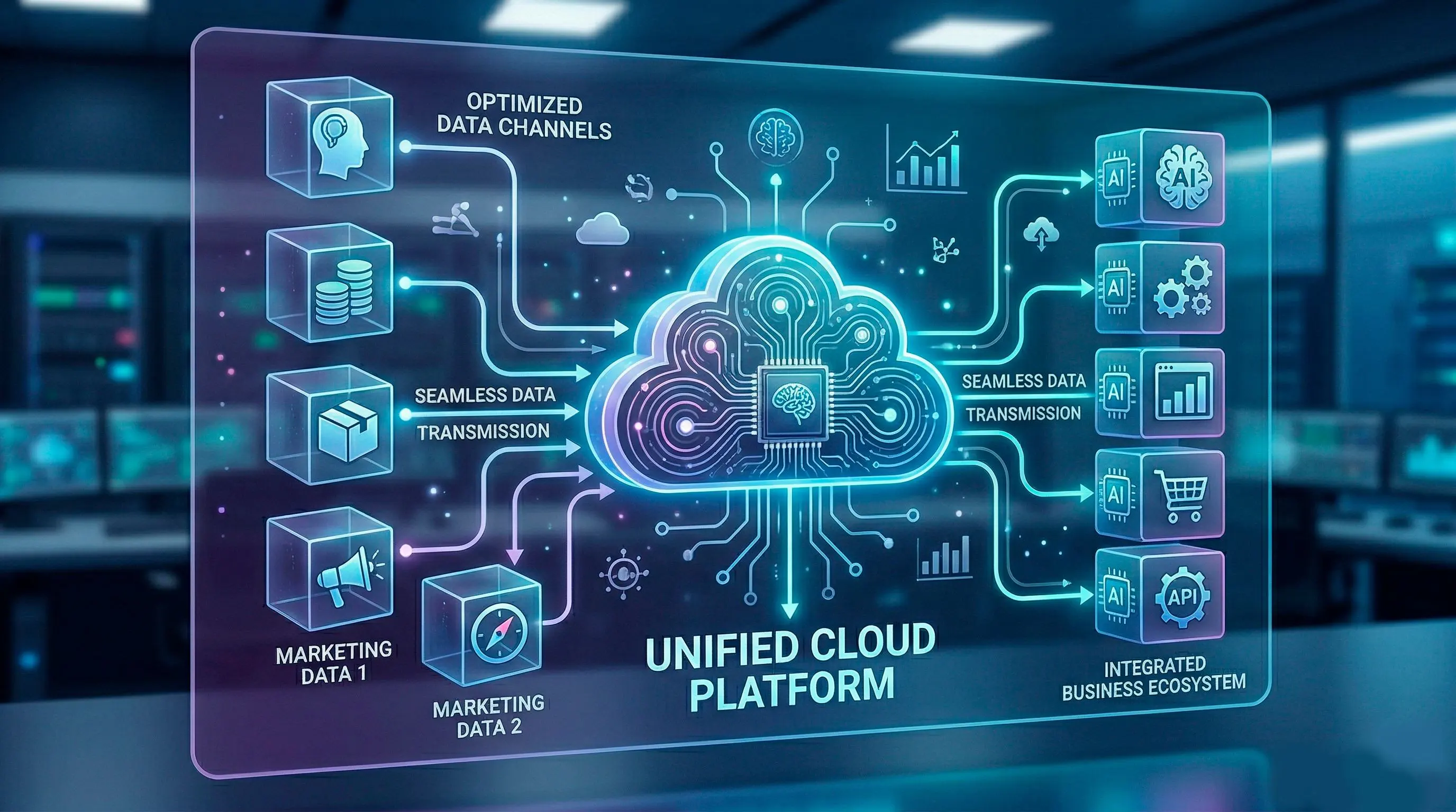Interfaz de arquitectura digital que muestra la conexión fluida entre servicios en la nube, bases de datos y aplicaciones empresariales centralizadas.